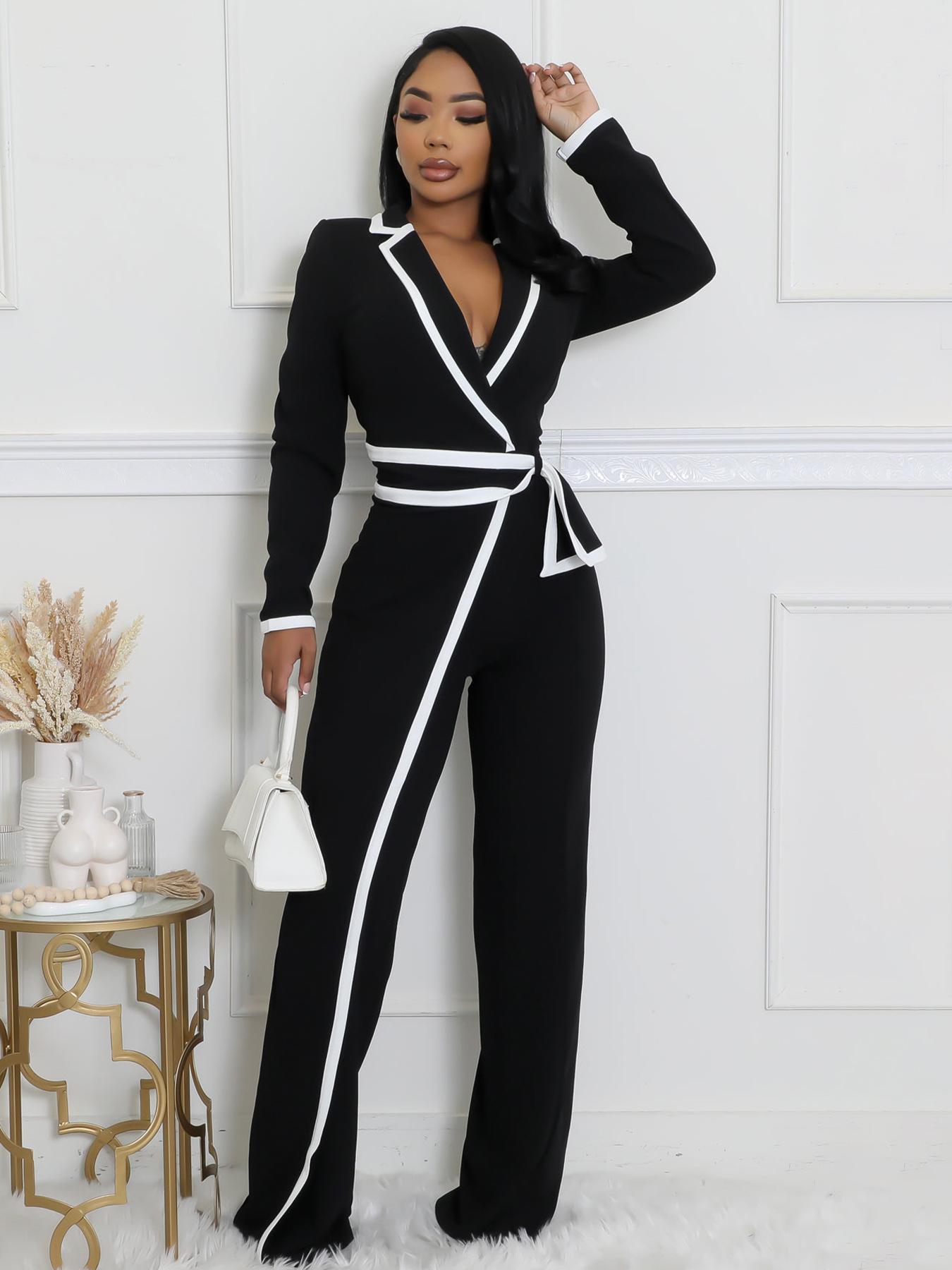 Elegant Women's Long Sleeve Jumpsuit, Belted Waist Design, Colorblock Patchwork, Fall & Winter Fashion, Office Wear, Womenswear