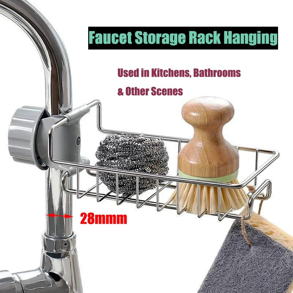 Kitchen Sink Caddy Organizer Over Faucet Sponge Holder, Stainless Steel Heavy Duty Thickening Hanging Faucet Drain Rack for Scrubbers, Soap, Bathroom, Detachable No Suction Cup or Magnet