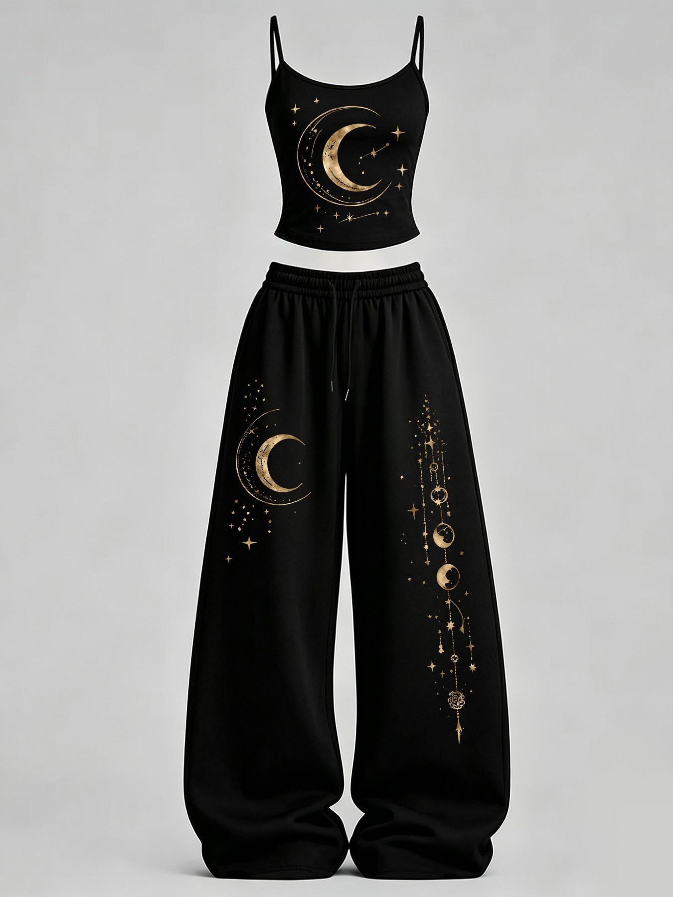 Women's Home Casual, Star Moon Print Slim Fit Tank Top + Loose Pants Set, Y2K, American Street Style, Daily Wear, Campus, Home Relax, Clothes Women's Home Casual, Star Moon Print Slim Fit Tank Top + Loose Pants Set, Y2K, American Street Style, Daily Wear, Campus, Home Relax, Clothes