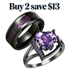 Couple's Promise Ring Set: Heart Design for Her & Dragon Ring for Him. Vintage Style in Purple, Red, Green & Blue, a Meaningful Engagement or Wedding Gift