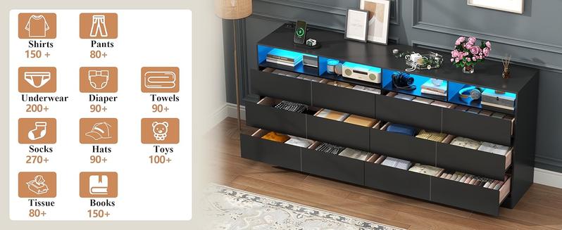 12 Drawer White Dresser with Charging Station & Led Lights for Bedroom, ,Large Dressers Organizer with 4 Open Cubbies Modern Accent Cabinet