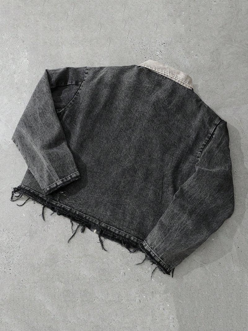 Dark Denim Jacket with Diamonds and 'la' Logo, Vintage Corduroy Collar and Frayed Design, Stylish Zippered Fit for Casual Outings