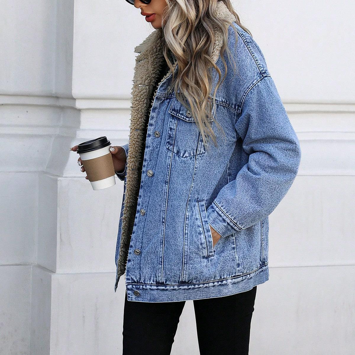 Women's Fall Winter Casual Jacket, Elegant Solid Color Stand Collar Thick Warm Denim Coat, Versatile Outerwear for Women