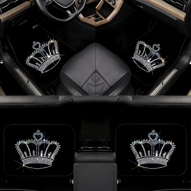 Crown Pattern Car Floor Mat, 4 Counts/set Rhinestone Decor Car Interior Decorative Floor Mat, Universal Car Interior Accessories for Women, Men Gifts, Car Mats