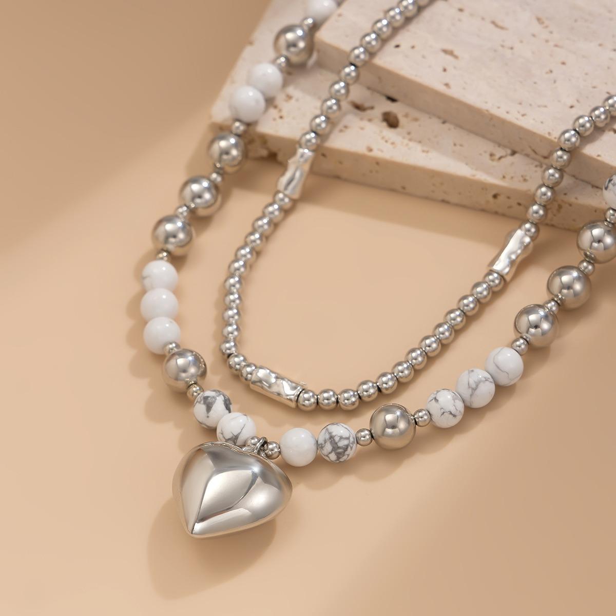 Women's 2-Layer White Turquoise Beaded Heart Pendant Necklace - Silver Metal Ball Chain, Marble Stones, Mixed Sizes Beads, Minimalist Stack Adjustable Choker, Daily Wear Jewelry for Gift, Double Strand, Minimalist Design, Adjustable Bead Chains