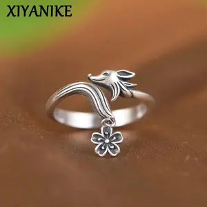 XIYANIKE Men Women Vintage Thai Silver Fox Flower Cuff Finger Rings Animal Fashion New Jewelry Lovers Gift Party anillos mujer