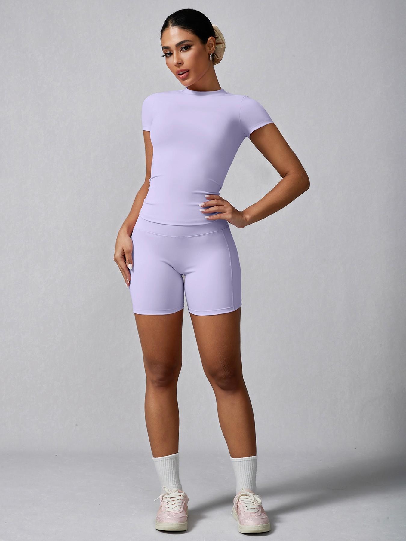 Women's Solid Ribbed Tee & High Waist Shorts Loungewear, Casual Comfy Round Neck Short Sleeve T-Shirt & Skinny Shorts PJ Set, Ladies Sleepwear for Summer, Pajama