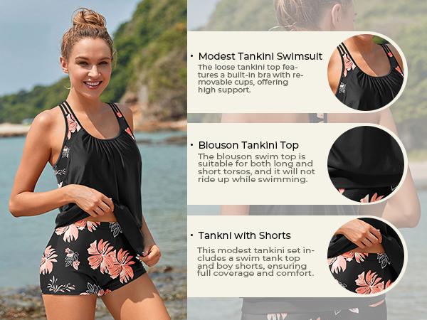 Yonique Two Piece Tankini Bathing Suits T-Back Blouson Swim Tops with Boy Shorts Women Swimsuits Sporty Swimwear