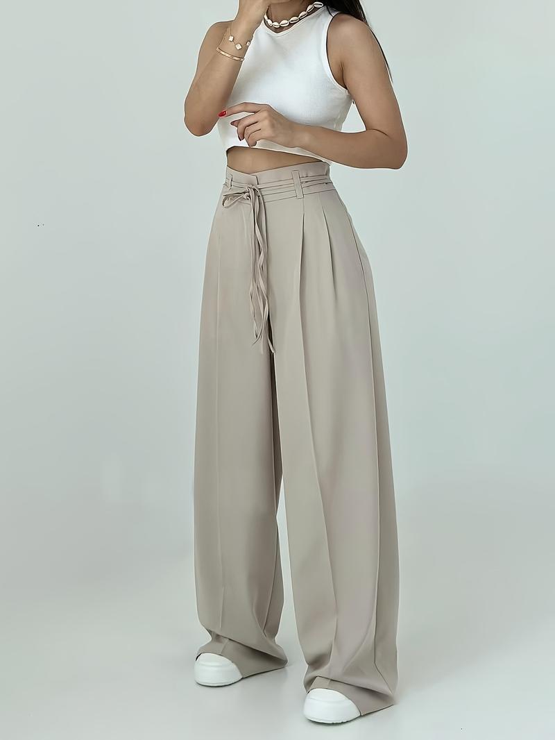 New High Waist Belted Wide Leg Pants Women, Vintage Casual Straight Long Trousers, Retro Style Ladies Fashion Clothing
