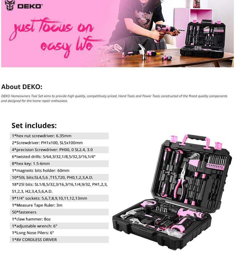 DEKOPRO 126-Piece Pink Household Tool Set with 8V Cordless Drill, Rechargeable Battery, All-in-One Compact Tools kit, Perfect Christmas Gift, Ideal for Home Repairs & DIY Projects