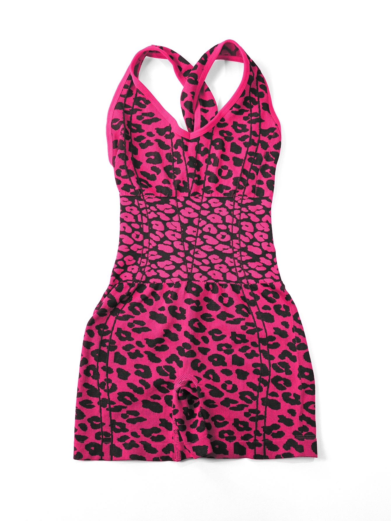 Women's Sporty Jumpsuit, Deep U-Neck Leopard Print, High Waist Fitted, Breathable Yoga Wear, Gym Outdoor Running Training