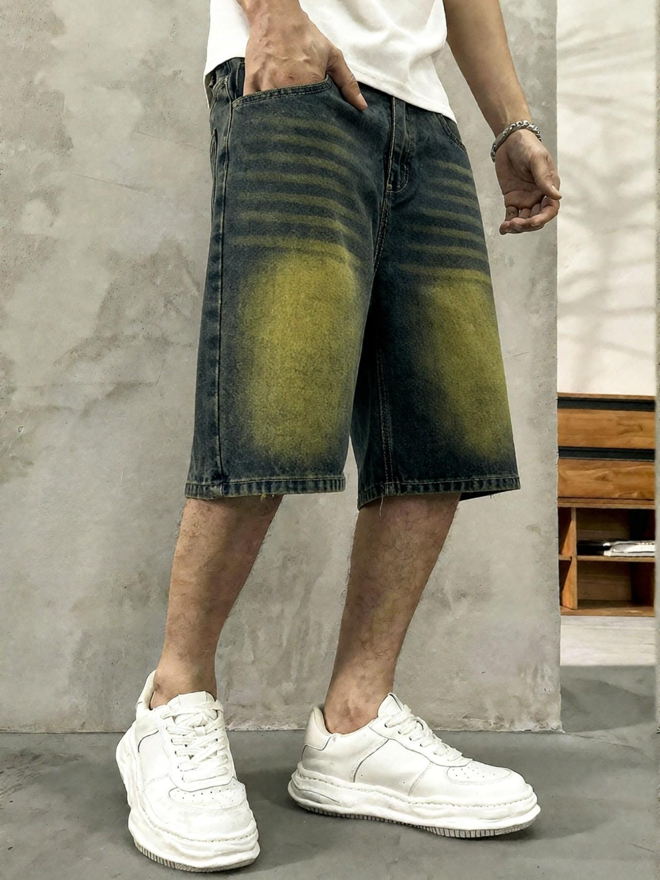 Men's washed retro color denim shorts, trendy, versatile, loose straight-leg casual streetwear denim five-point pants