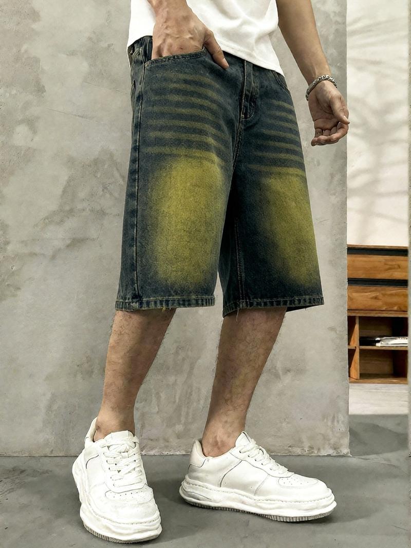 Men's washed retro color denim shorts, trendy, versatile, loose straight-leg casual streetwear denim five-point pants