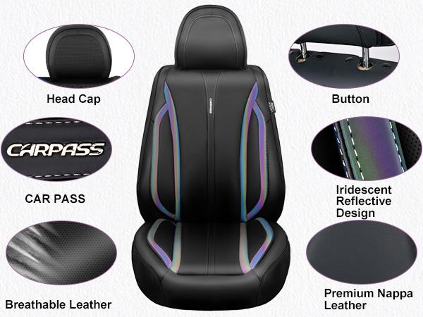 CAR PASS 2/5 seats Fluorescent Green & Nappa Leather Car Seats Cover Front Seats only Cushioned, Waterproof Fit for SUV Sedan Truck Pickup Vehicle