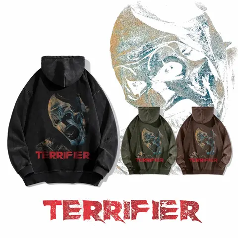 Terrifier Art Acid wash hoodie- Horror Clown | Heavyweight Retro Vintage fashion| Relaxed Fit,Tuff fit Long Sleeve Fabric