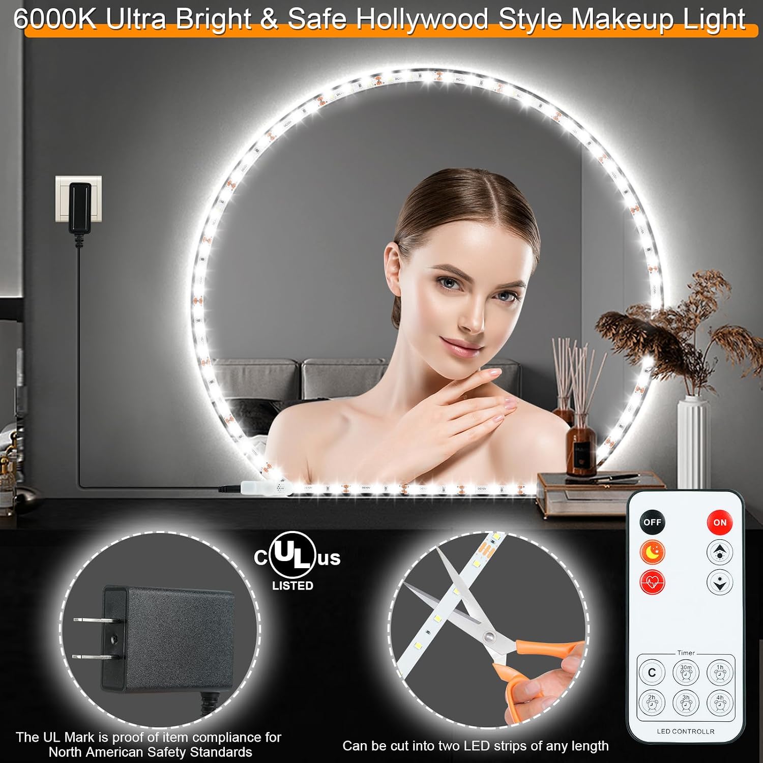 LED  Mirror Lights for Makeup Table, 6000K  | 13ft Flexible  Set 13ft Flexible LED Light Strip Kit, Dimmer and Power , DIY Mirror, Mirror not Included, Dimmable