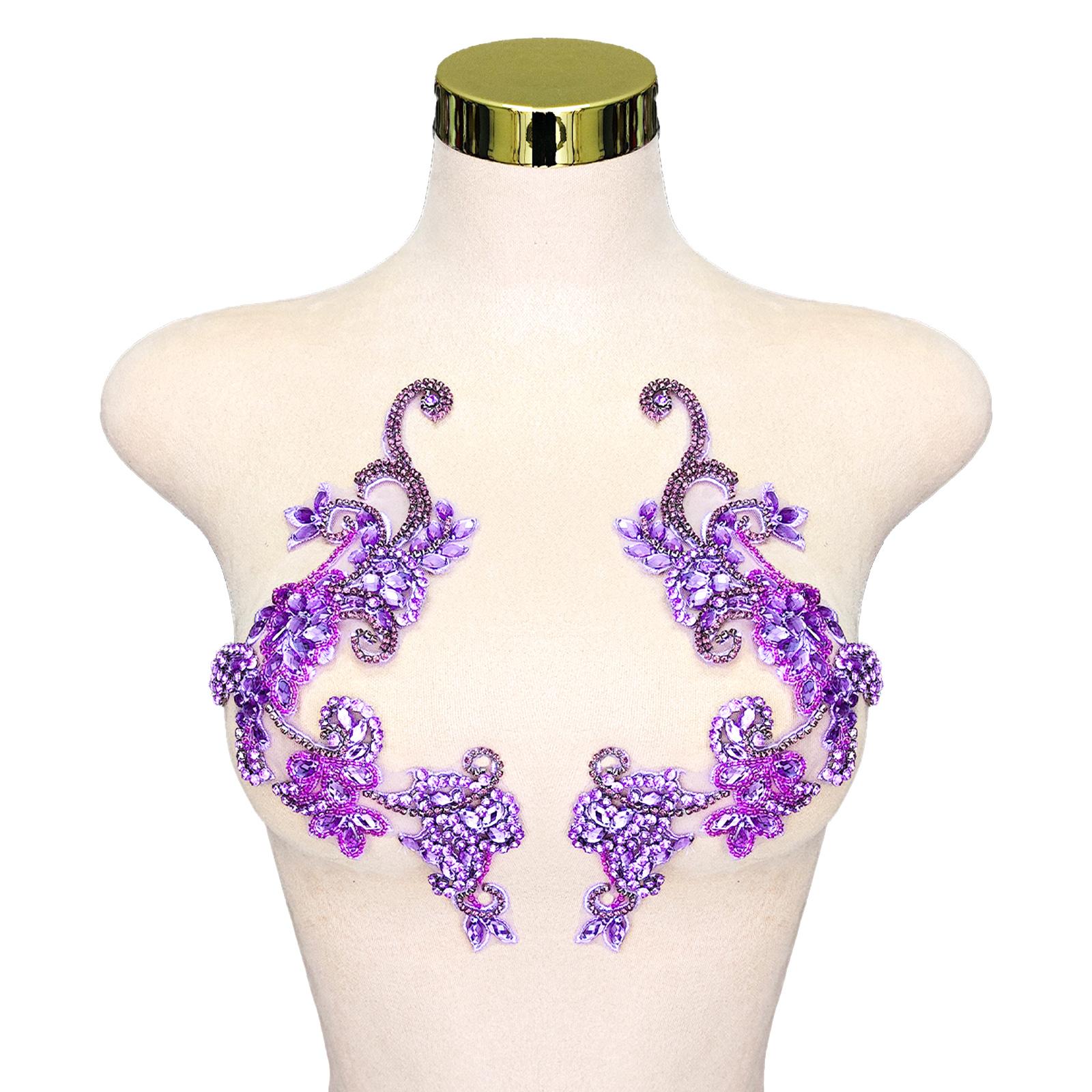 Handmade Pink Crystal Beaded Applique Floral Rhinestone Patch Pair for Dress Decoration Bridal Gowns DIY Embellishment