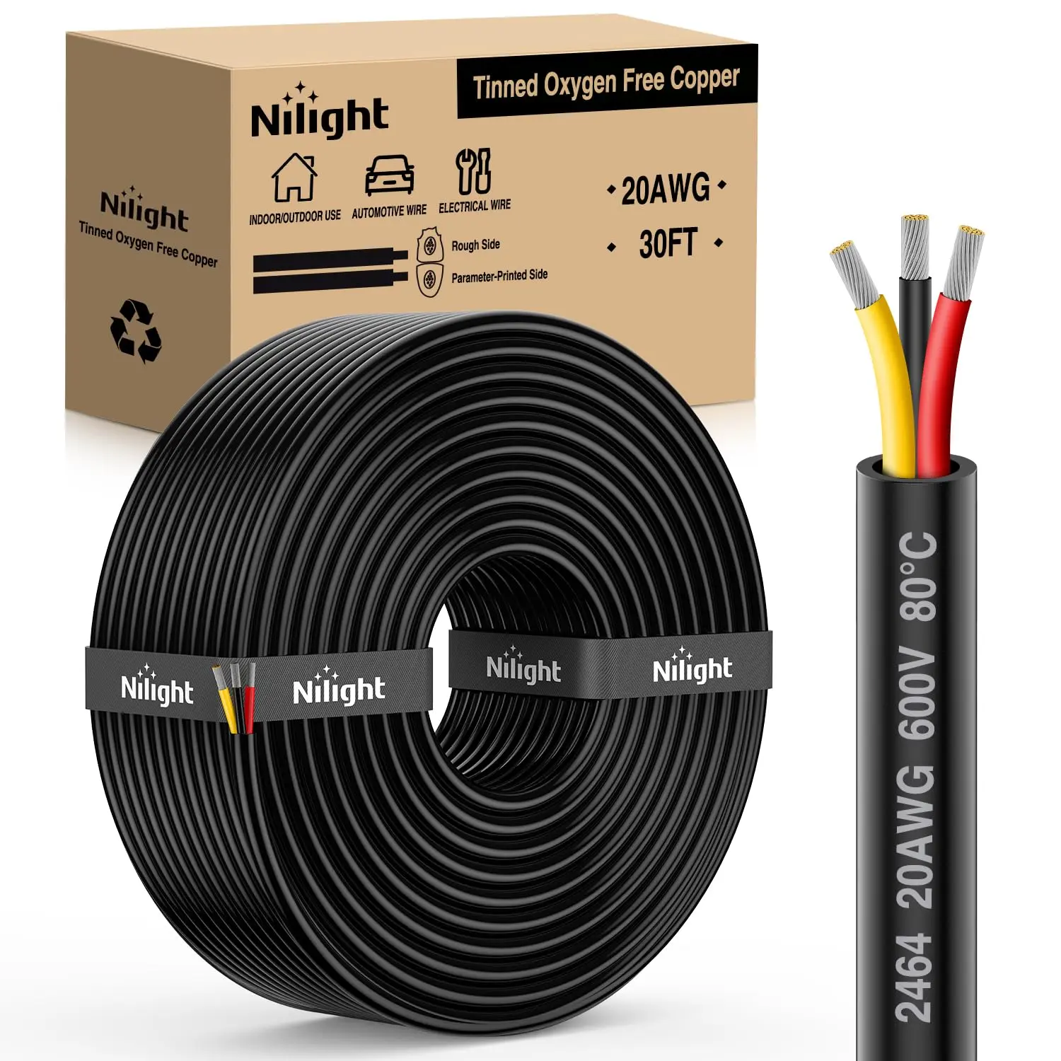 Nilight PVC+Copper Electrical Wire, 30FT 20AWG Tinned Oxygen-Free 3-Conductor Parallel Wiring, Red-Black-Yellow, Flexible 600V DC Extension Cord, Solder-Compatible, Water/Outdoor Safe, Conducts Power for LED Light Strips, Lamps (Father's Day Gift)