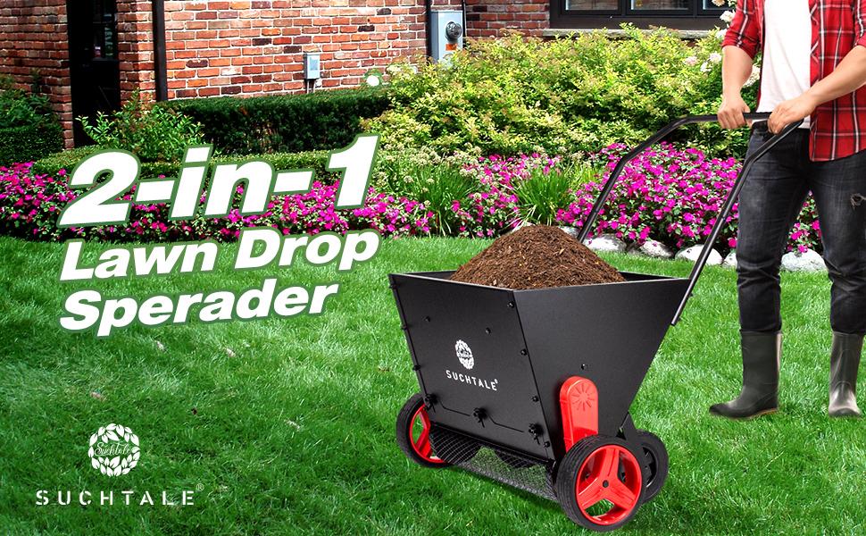 Lawn Drop Spreader, Topdresser, Compost Spreader, Mini Topper, Peat Moss Spreader Push-Type Fertilizer with Rotate Blades, Push Garden Seeder with Adjustable Rate Metal Mesh Basket for Feed