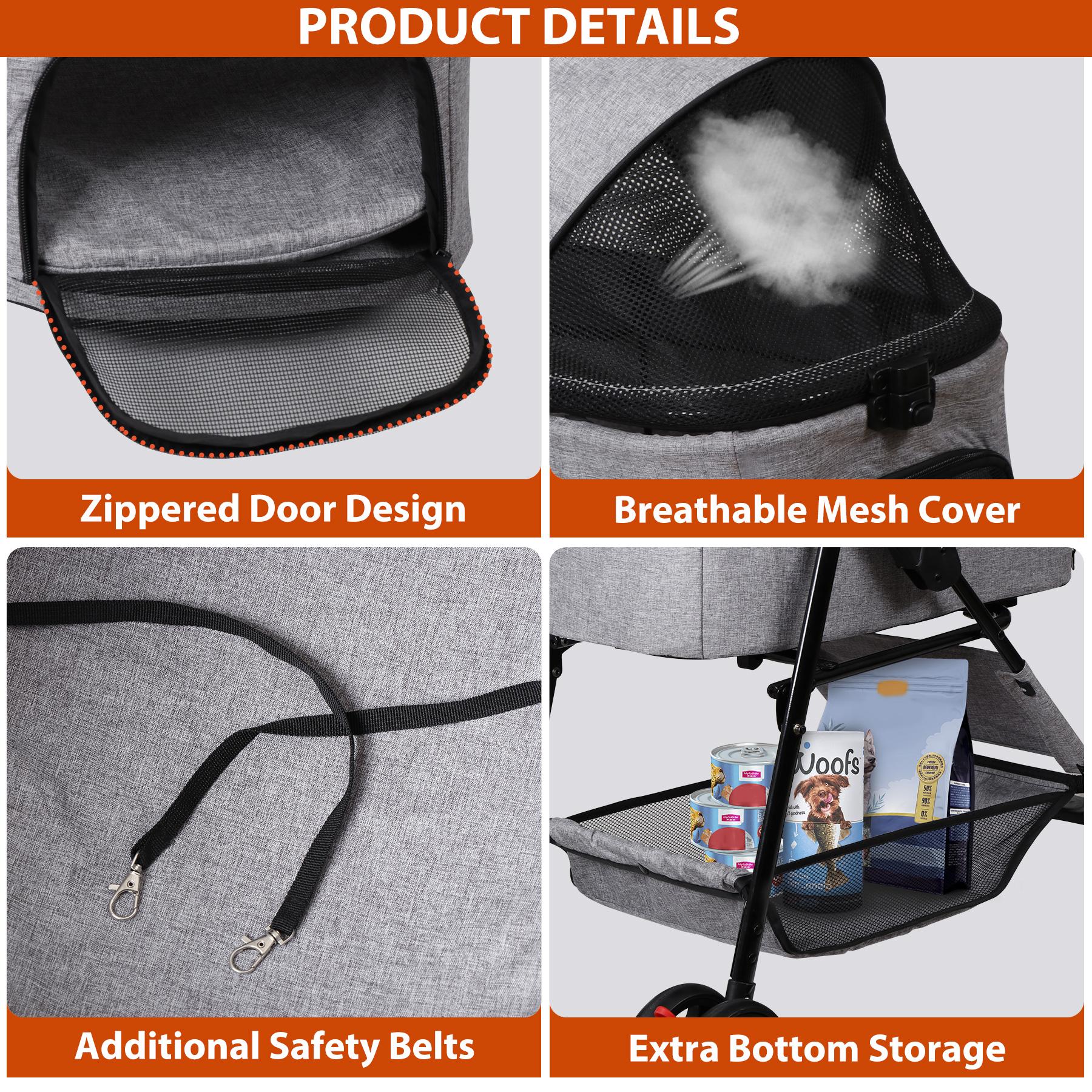 Pet Republic 4 Wheels 3-in-1 Foldable Pet Dog Stroller W/Detachable Carrier for Small Dog Cat W/Storage Basket & Cup Holder, Gray