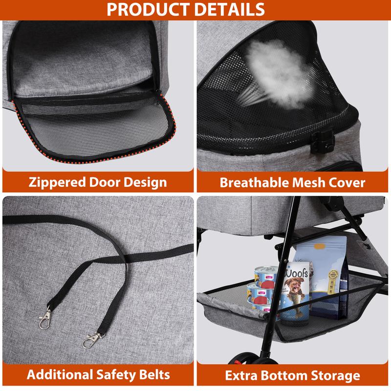 Pet Republic 4 Wheels 3-in-1 Foldable Pet Dog Stroller W/Detachable Carrier for Small Dog Cat W/Storage Basket & Cup Holder, Gray