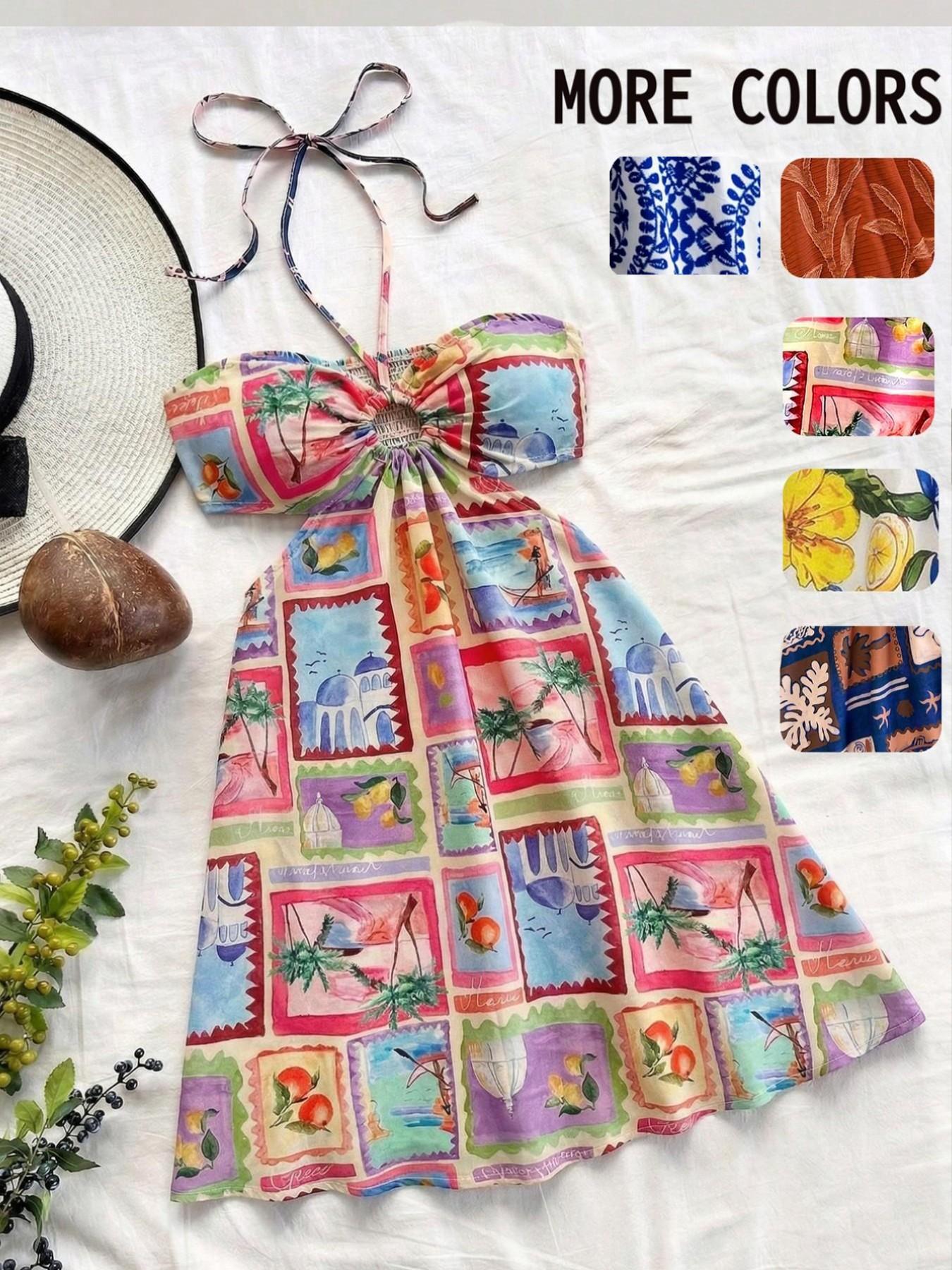 Women's Boho Vacation printed pattern Sexy Halter Drawstring Hollow Waist Dress, Suitable For Beach, Music Festival, Hippie, Party, Date, Afternoon Tea