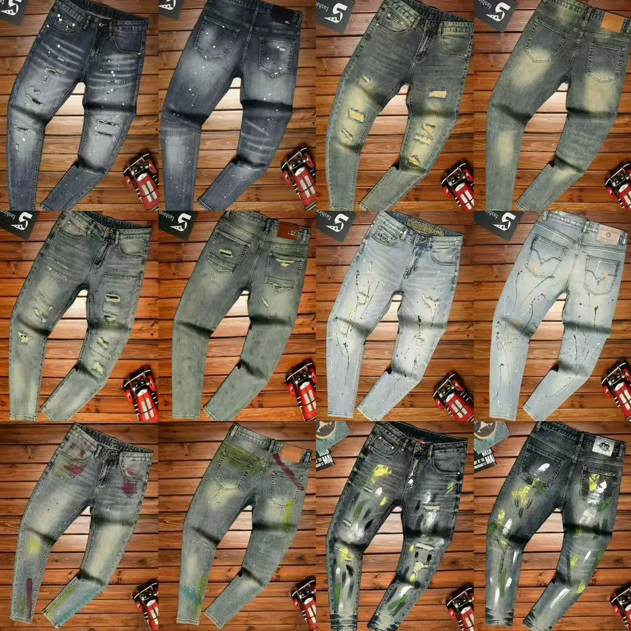 Ripped patch jeans for men, slim fit with small feet, splashed ink print, washed retro nostalgic fashion pants