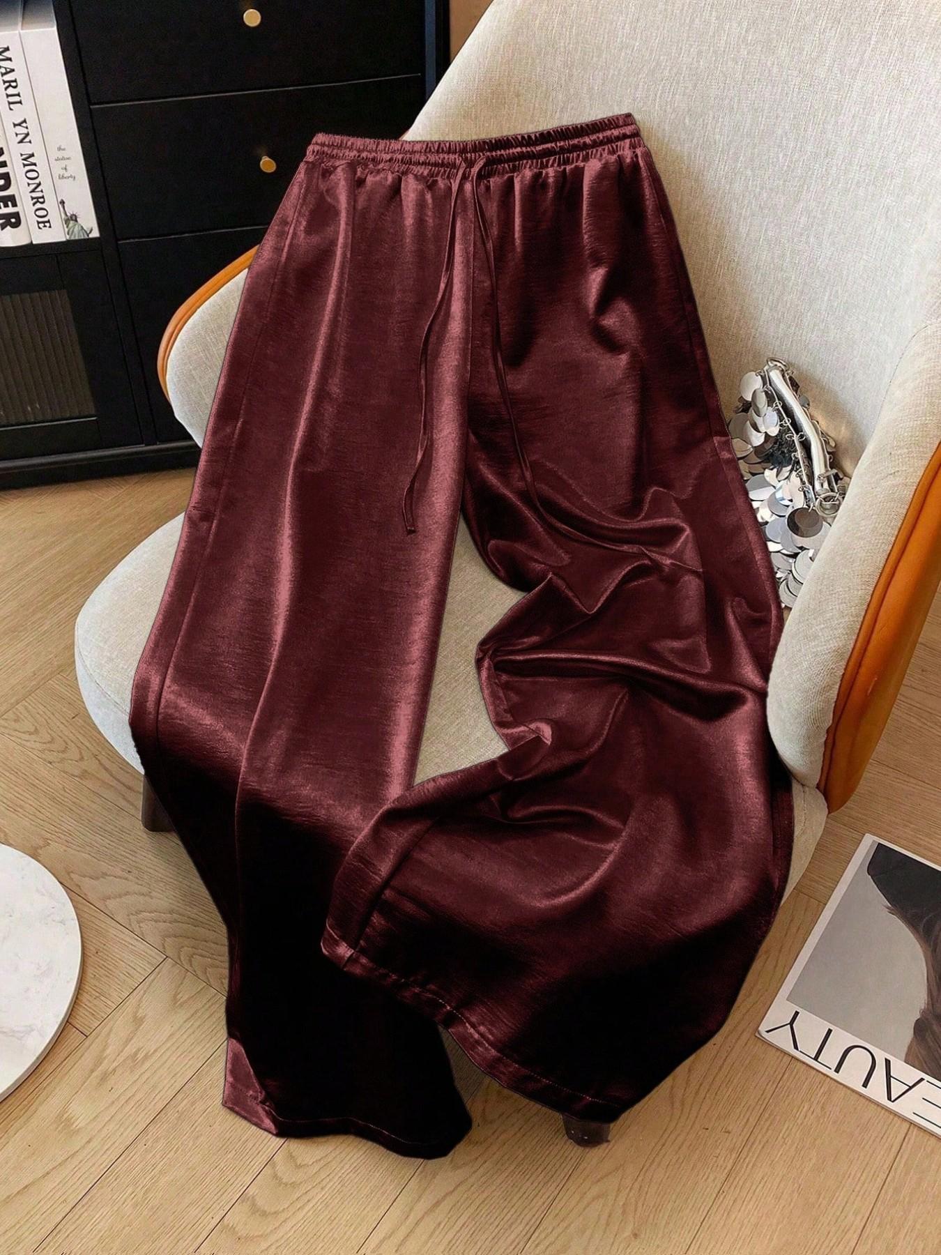 Women's Glitter Satin Wide Leg Pants, Casual Loose Fit Elastic Waist Drawstring Pockets, All Seasons Fashion for Home Vacation Party Womenswear