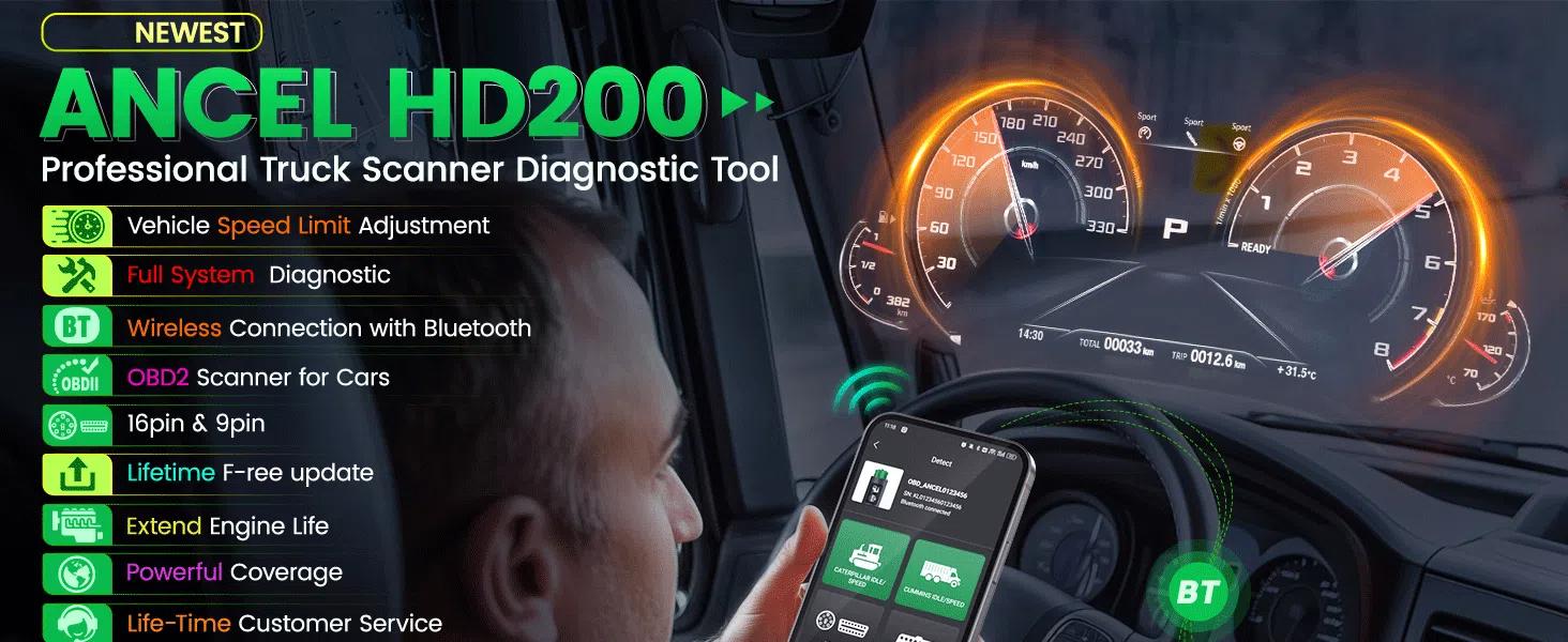 ANCEL HD200 Bluetooth Heavy Duty Truck Scanner, Speed Limit Reset Tool for Cummins & Caterpillar Engines Diesel Diagnostic Tool, All System 2 In 1 HDOBD & OBD2 Truck & Car Code Reader, Lifetime Free Updates, Auto Automotive Vehicle Repair  Tool