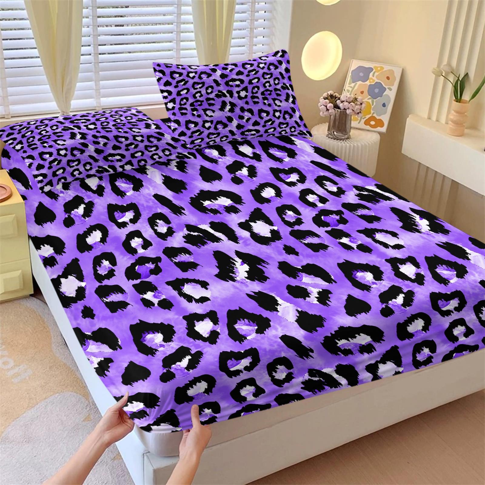 3-Piece Set Cute Leopard Print Bedding Set, Bed Sheet Sets, Decorative Bedsheet Sets, Includes 1 Fitted Sheet and 2 Pillowcases, Home Hotel Room Decor, Bedroom Decoration, Perfect Gift