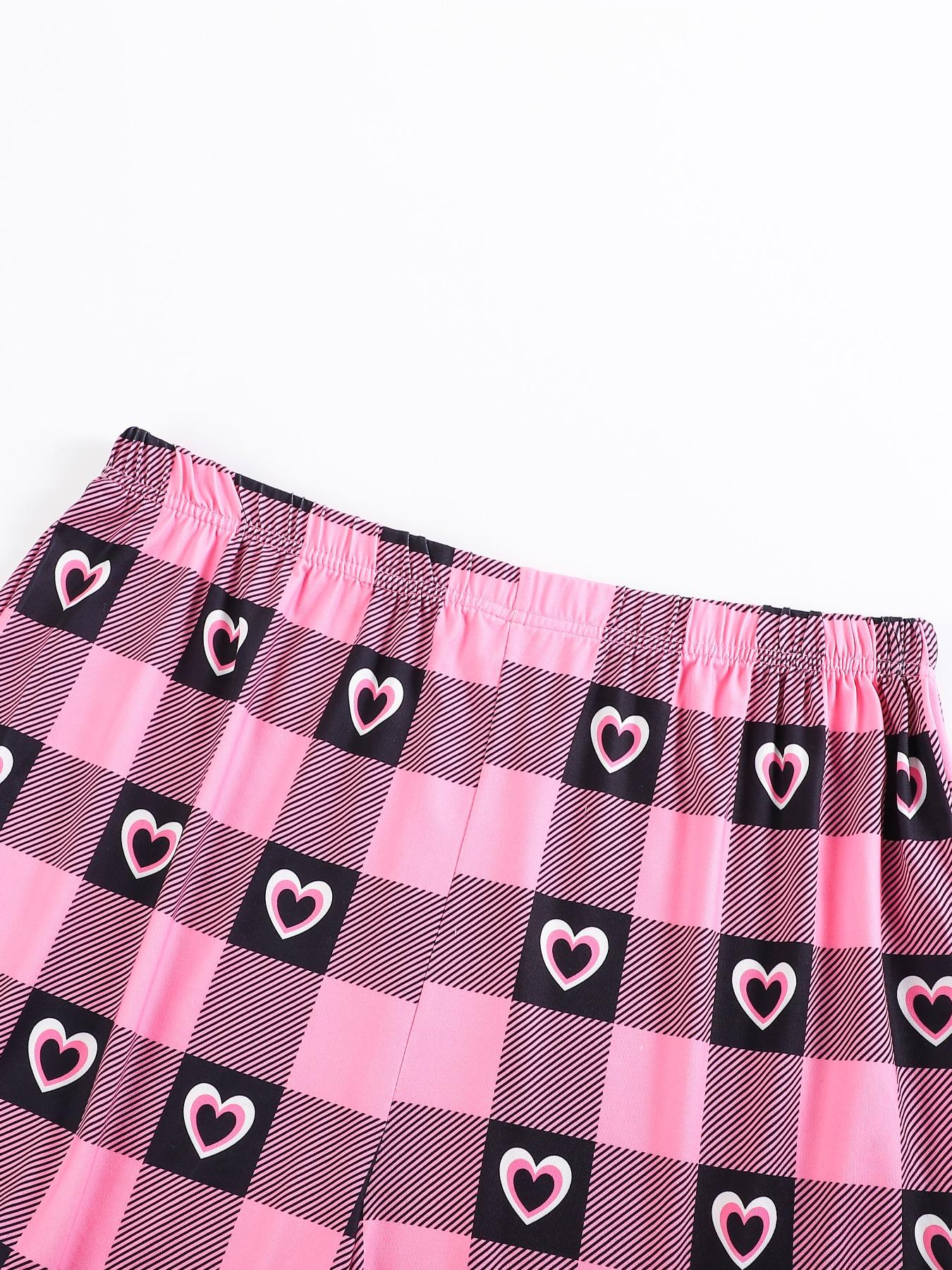 Plus Size Heart & Plaid Print Pajama Set, Casual Round Neck Short Sleeve T-shirt & Shorts Pj Set, Summer Sleepwear & Loungewear, Summer Outfits 2024, Women's Nightwear