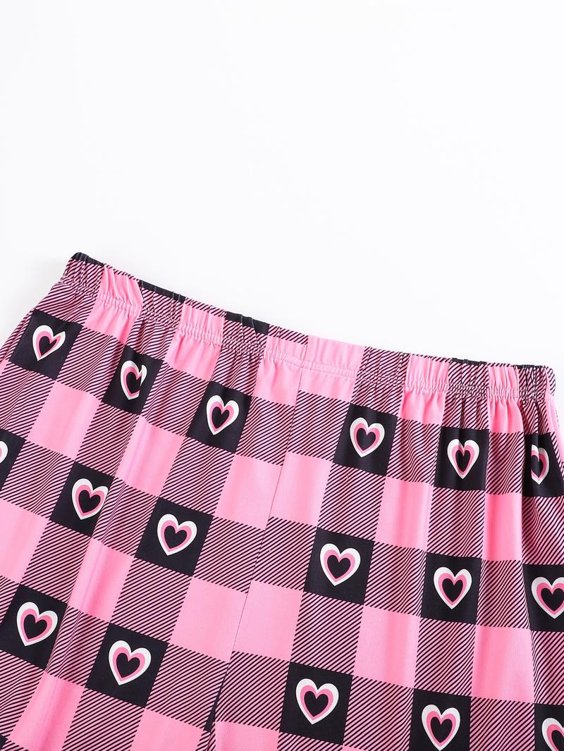 Plus Size Heart & Plaid Print Pajama Set, Casual Round Neck Short Sleeve T-shirt & Shorts Pj Set, Summer Sleepwear & Loungewear, Summer Outfits 2024, Women's Nightwear