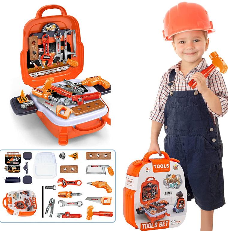 Boy's Realistic Handheld Toy Repair Tool Toy Gift Kids 22PCS Tool Set -Construction Toy with Toolbox&Electronic Drill, Pretend Play forToddlers Aged 3-7Birthday Giftfor Bovs and Girls 4-6 Years Old