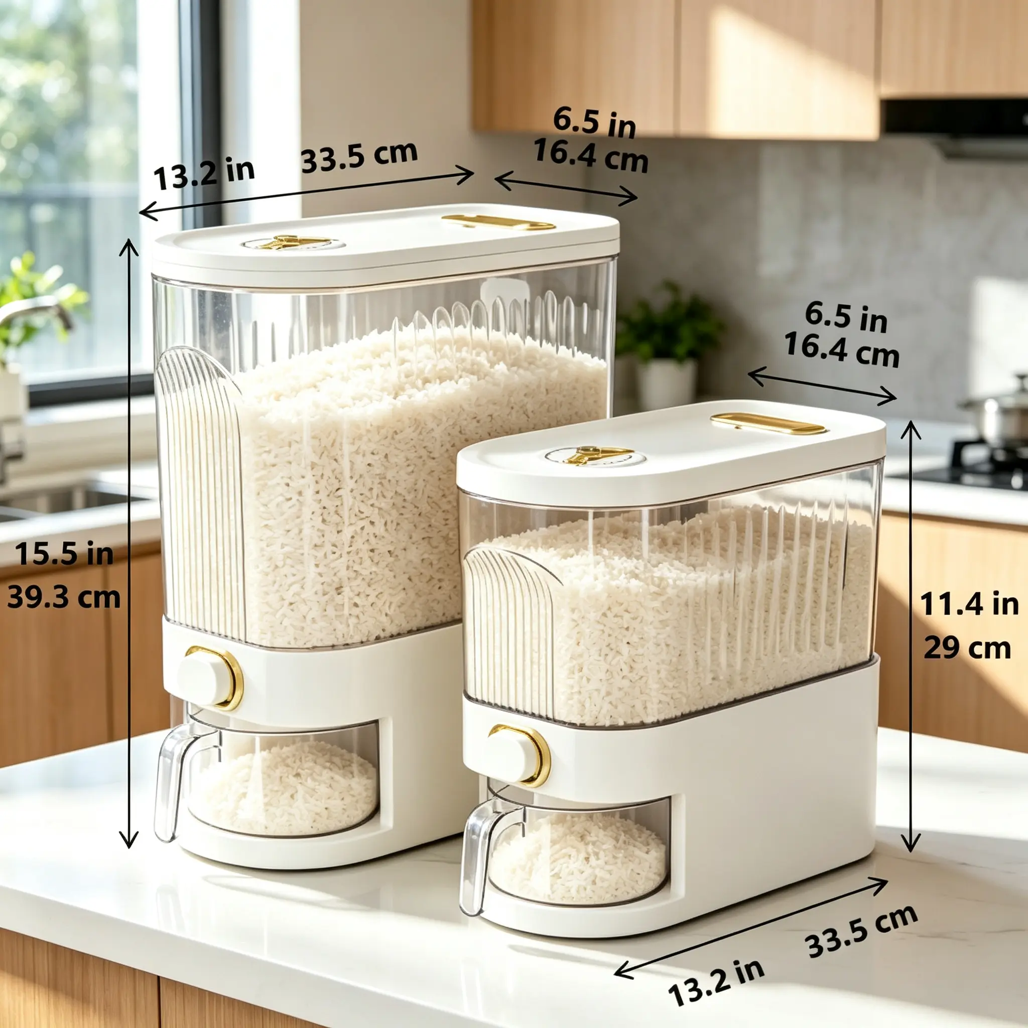 Rice Dispenser Storage Container, Large Capacity Airtight Grain Bin with Measuring Cup, Moisture & Bug Proof Dry Food Holder for Rice, Beans, Cereals