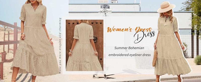 Chouyatou Women's Summer Boho Embroidery Eyelet Dress V-Neck Collared Tiered Midi Tunic Dress