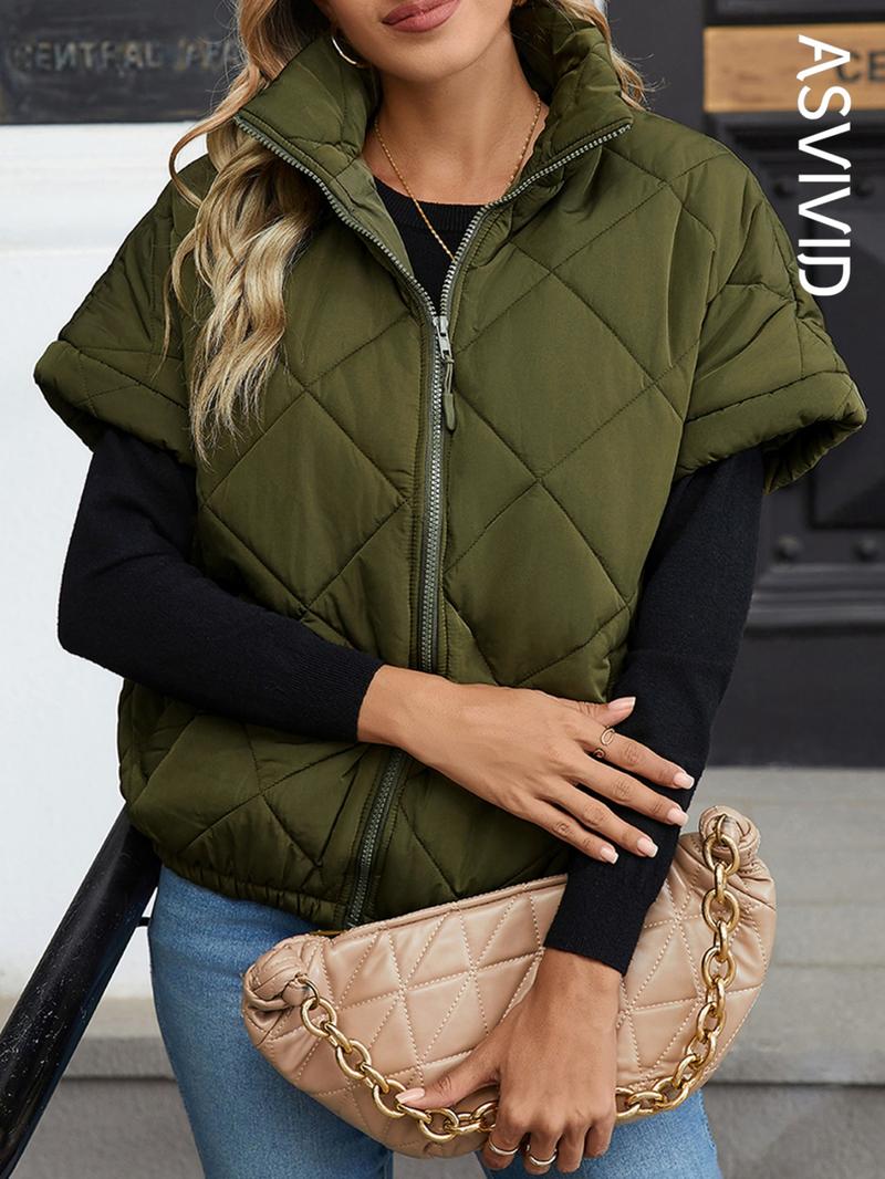 Women's Solid Color Quilted Zip Up Vest Jacket, Casual Pocket Stand Collar Outerwear for Fall & Winter, Ladies Clothes for Daily Wear