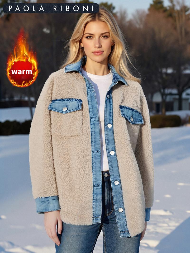 Women's Long Sleeve Loose-Fitting Casual Jacket, Teddy Velvet Patchwork Design, Perfect for Daily Wear & Stylish