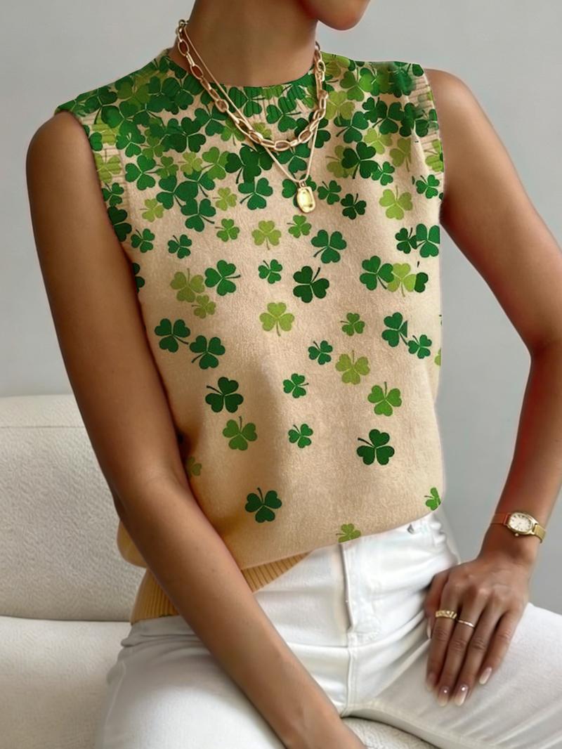 Women's Clover Print Small Collar Sweater, Casual Sleeveless Knitwear for Autumn Winter, Comfortable Versatile Top for All Seasons