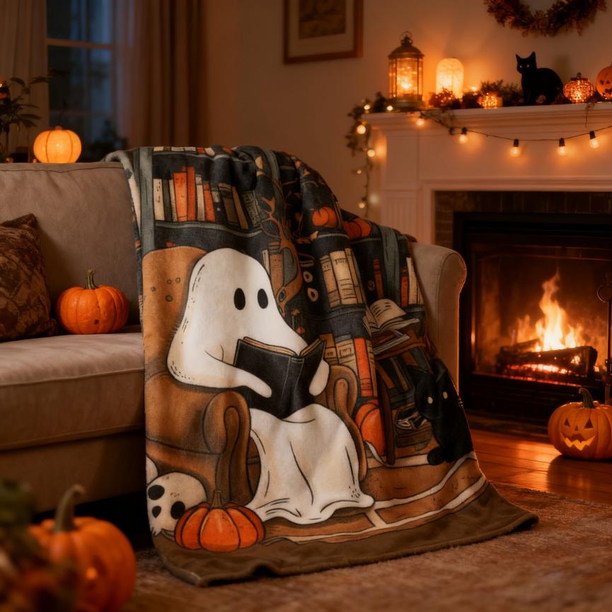 Clearance Sale Halloween Cute Ghost Throw Blanket with Bookshef Design Soft Cozy Blanket for Fall Reading Nook Autumn Winter Decor for Couch Sofa Bedroom Office Home Spooky Blanket Boo Basket Gift for Women Men Wife Book Lovers Outdoor Halloween Decor