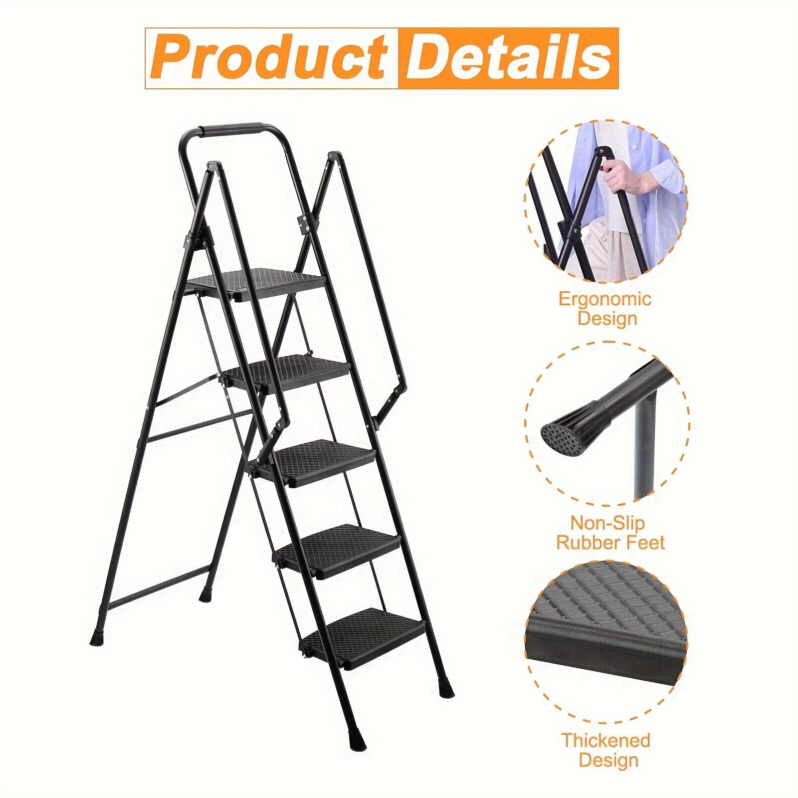 5 Step Ladder with Tool Platform, 900 lbs Sturdy Step Stool with Handrail, Folding Steel Ladder with Wide Pedal, Safety Ladder for Adults Home Outdoor Painting Garage Office  Black Portable