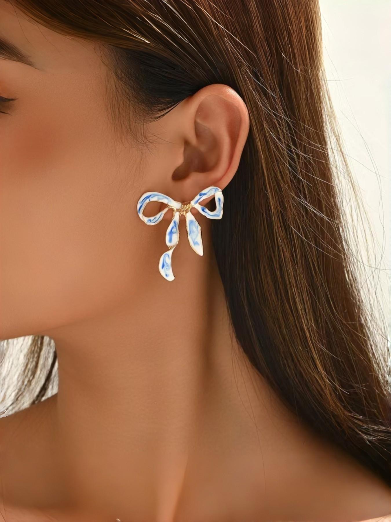 Vintage Oil Painting Drip Blue & Porcelain Bow Earrings, Fashionable Enamel Ribbon Earrings for Women, 1 Pair/set