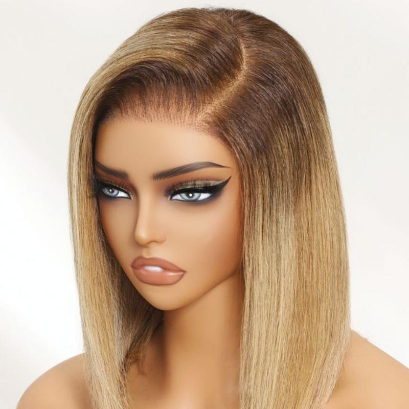 Sunber Blonde with Brown Roots Side Part Blunt Short Bob Wigs 7x5 Glueless Human Hair Wigs Straight Shoulder length Pre Cut Lace Invisible Knots Front Wigs Put on and Go