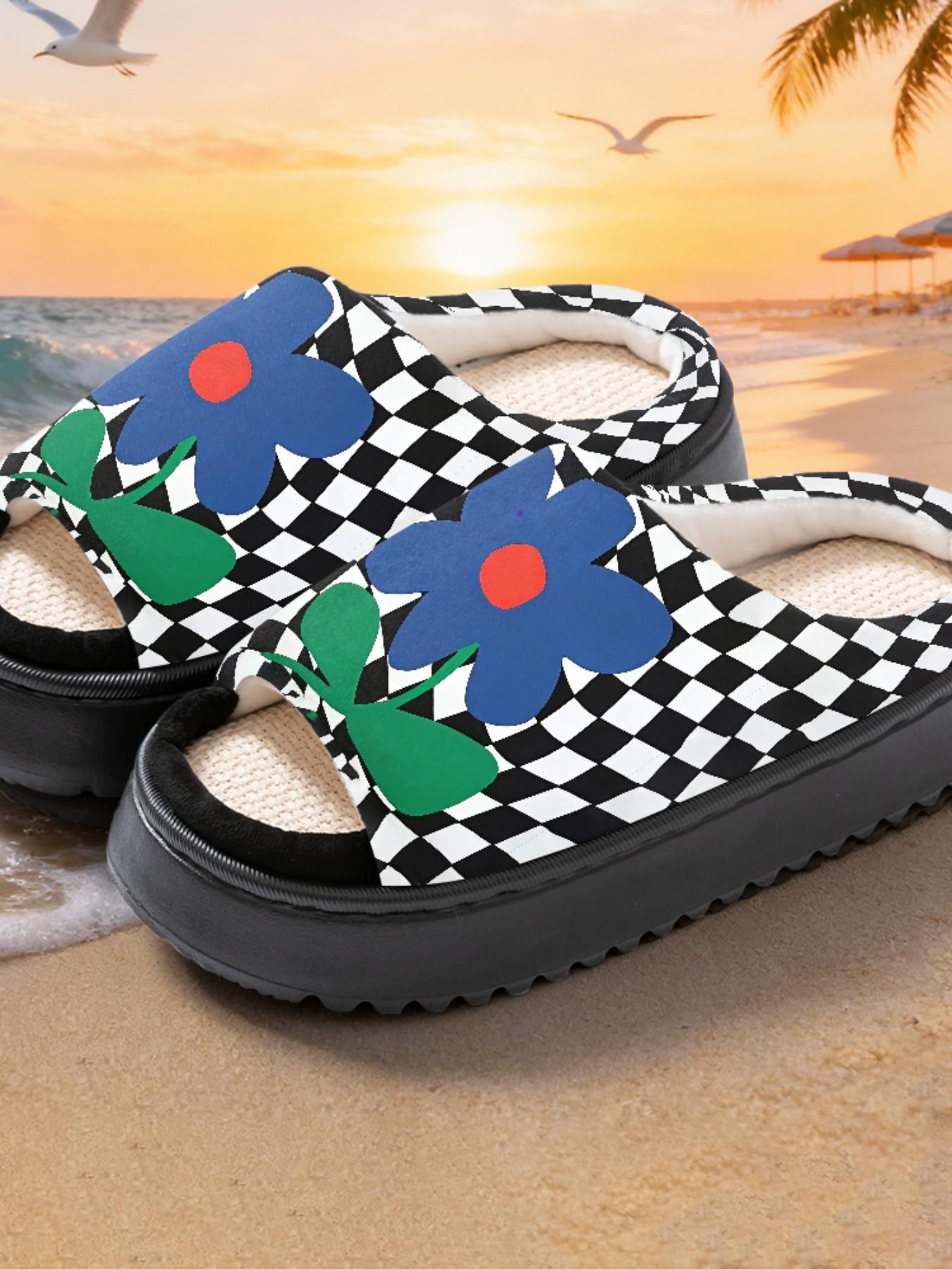 Blue Floral Unique Print Linen Open-Toe Sandals, Casual Textile Eva Sole, All-Season Less Than Ankle Height, Cartoon Pattern Design