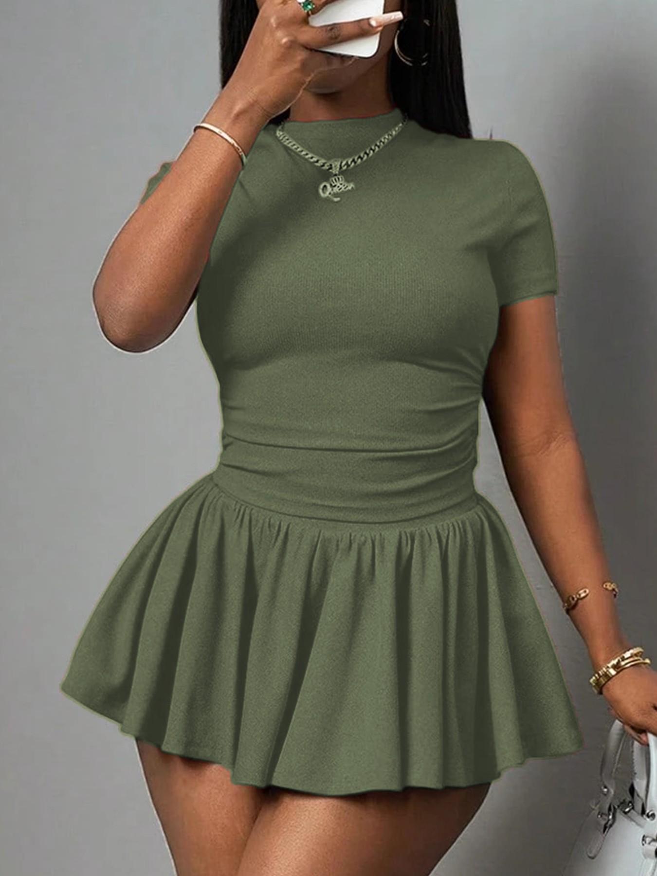 Women's Short Sleeve Dress Set, Chic Fitted Top and Fluffy Skirt Design, Perfect for Dates or Daily Outings