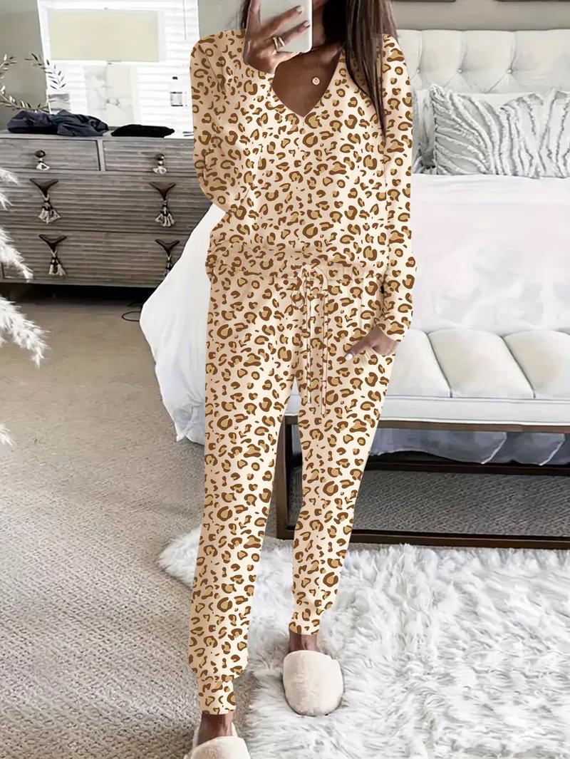 Women's Leopard Print Long Sleeve Top & Elastic Waist Butterfly Cuffed Pants, Soft Comfortable Knit Loungewear Pajamas Set for All Seasons, Casual Homewear for Women