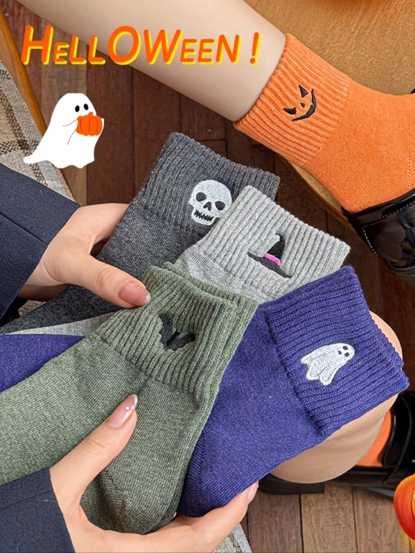 5 Pairs Cute Halloween Socks for Women Cozy Pumpkin Ghost Cartoon Novelty Crew Set Soft Stretch Knit Warm Fall Winter Mid Calf Daily Hosiery Gift