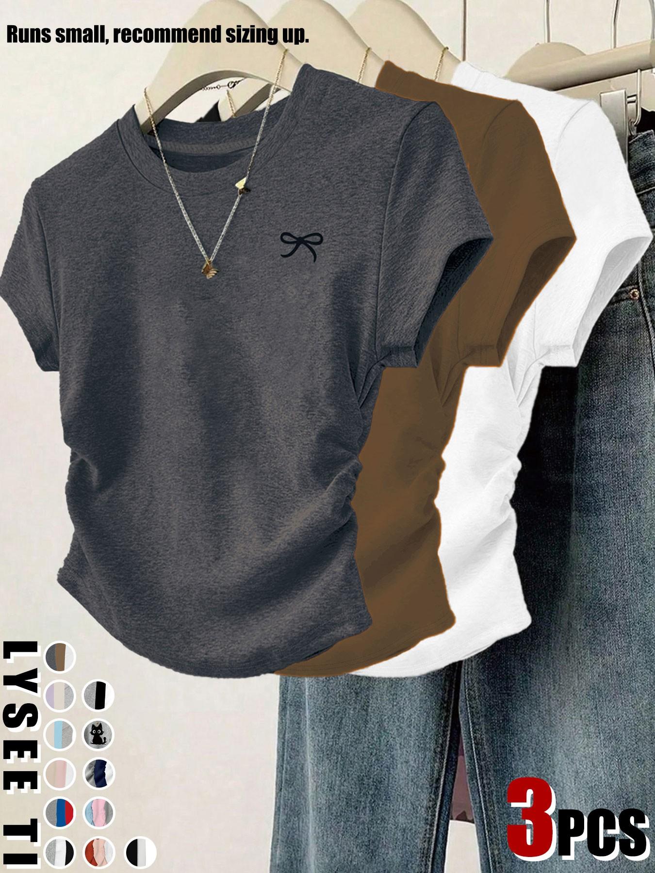 3pcs/1pc women's casual fashion slim fit small bow print details simple solid color pleated pullover shirt women's round neck short sleeved three piece T-shirt