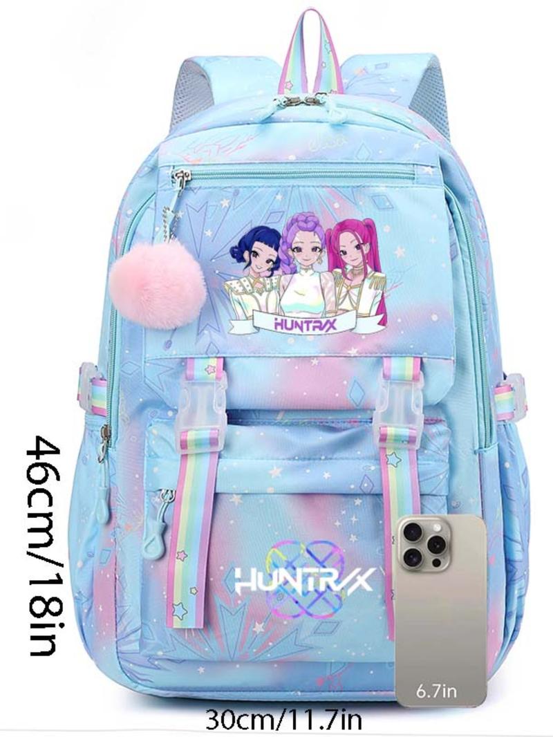 Cute Kpop Hunter Girl Group Cartoon Backpack, Trendy Backpack, Adorable Jk Plaid Sweet Student Bag, Anime Style with Fur Ball, All Seasons, Cute Versatile Backpack