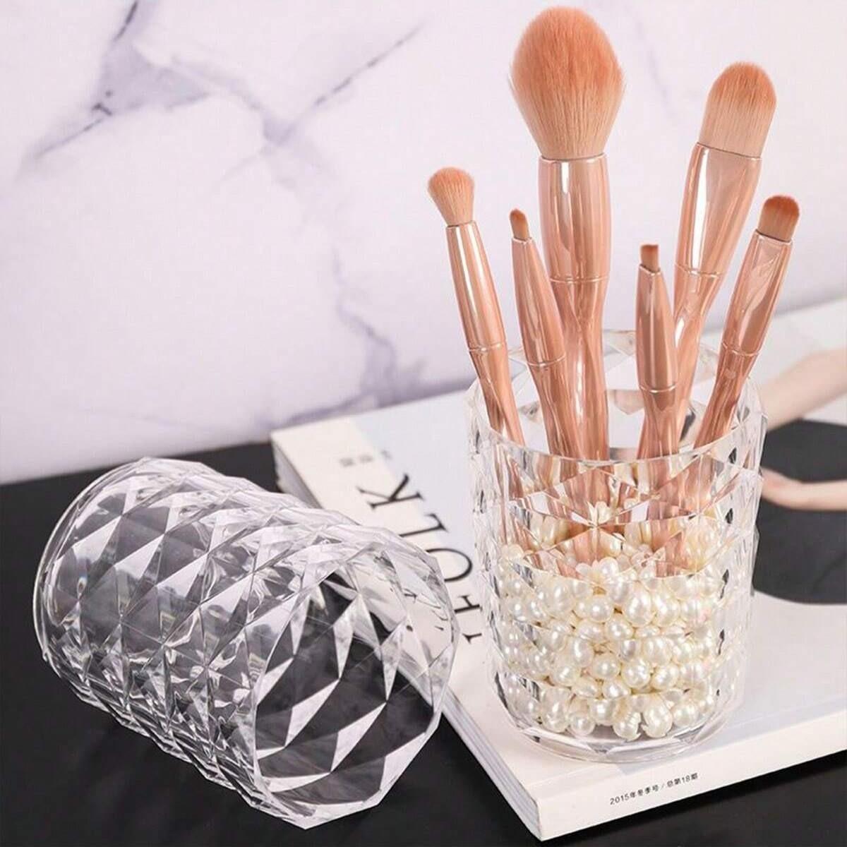 Drill Pattern Diamond Makeup Brush Storage Bucket Pen Holder, Transparent Multi-Functional Container for Eyeshadow Brushes & Water Cup, Desktop Storage Box, Makeup Cosmetic Organizer