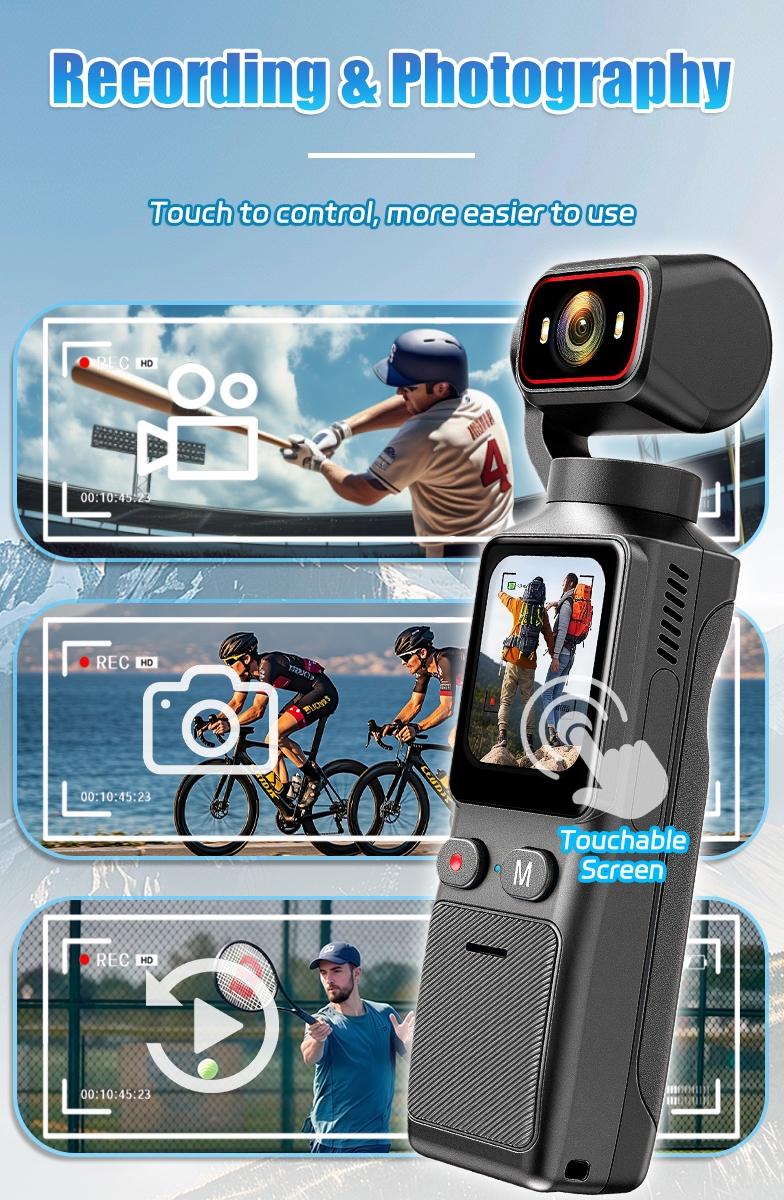 Handheld Stabilizer Pocket Camera, Portable 4K Ultra HD Camcorder, 180° Rotating Lens, 1.69 Inch Touchscreen, USB Rechargeable